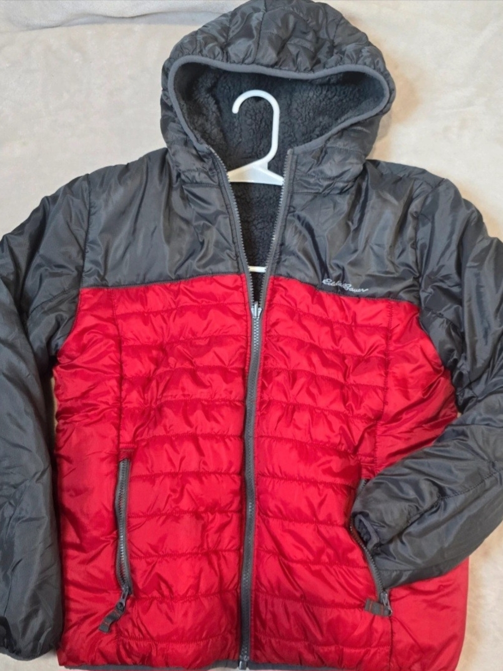Eddie Bauer Red and Gray Reversable Hooded Kids Puffer Jacket Size 10
